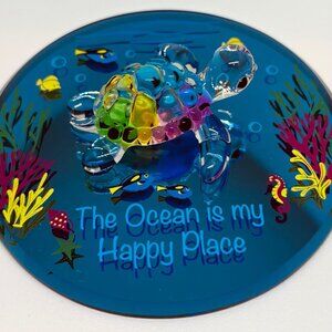 Glass Sea Turtle Figurine on Blue Mirror “Happy Place” Coastal Decor Gift